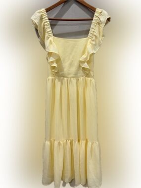 BCBGeneration Yellow Striped Ruffle‎ Tie Back Midi Dress XS Cottagecore Summer